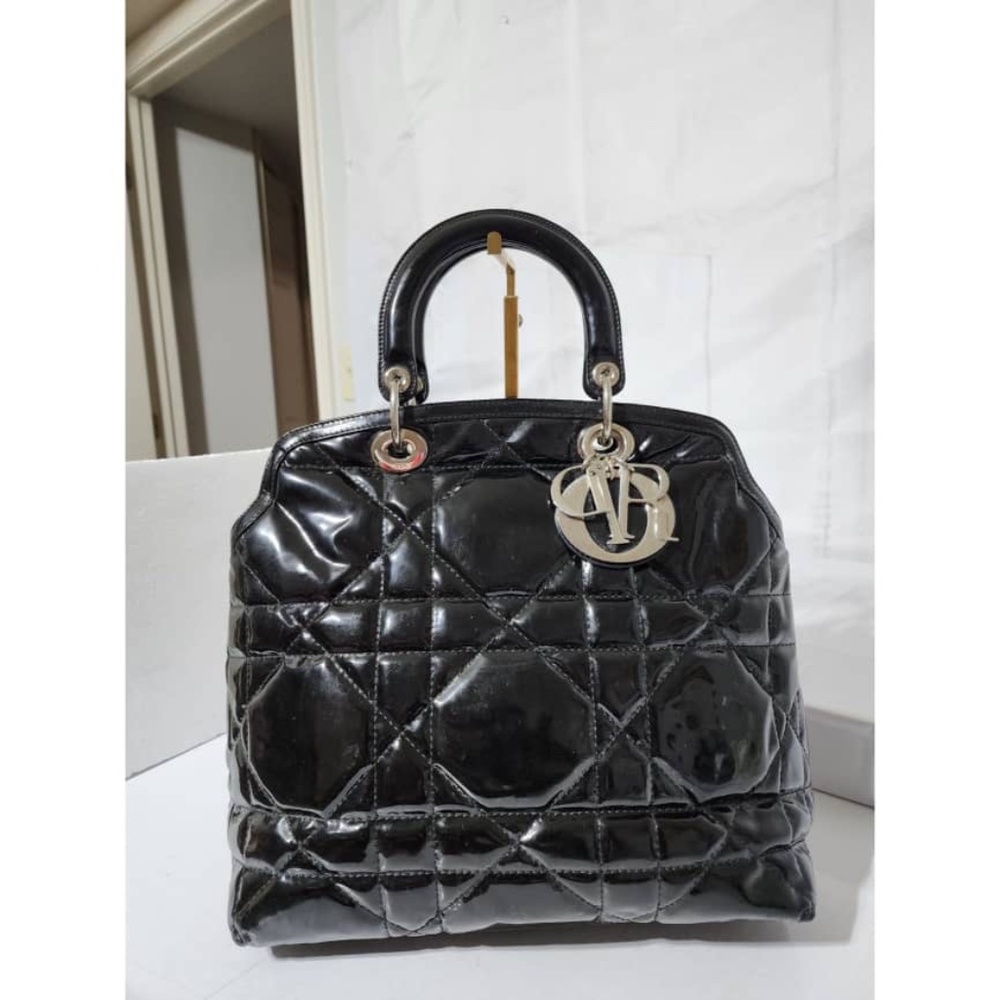Authentic CHRISTIAN DIOR Cannage Quilted Patent Leather Granville Tote Bag Black